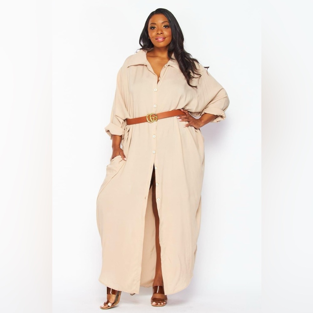 #42 Chic Taupe Button Down Shirt Dress- plus size - Picture 3 of 4